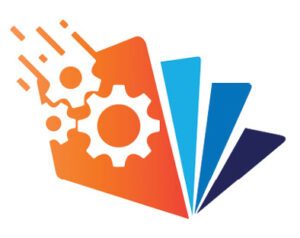 Graphic of multicolored folders  fanning out. Three interlocking white gears appear on the outside folder on left