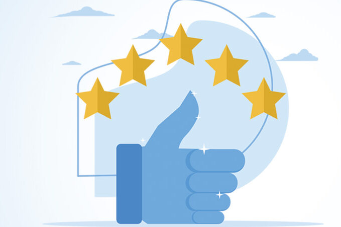 Graphic of a blue hand giving the thumbs-up gesture on a light background. Five gold stars appear in an arc above the hand