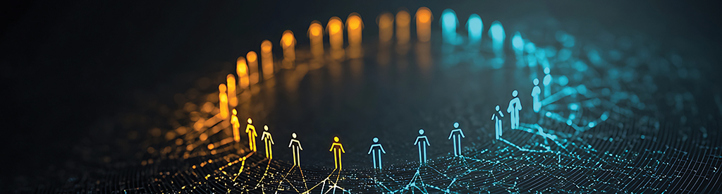 Human icons stand in a circle on a black vinyl record. The icons on the left are orange, and the icons on the right are blue.