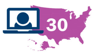 US map with computer icon representing 30 jurisdictions deciding to administer remote exams