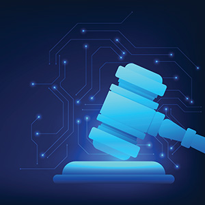 A light blue gavel and block stand out against a dark blue background. The background has illuminated circuit board patterns.