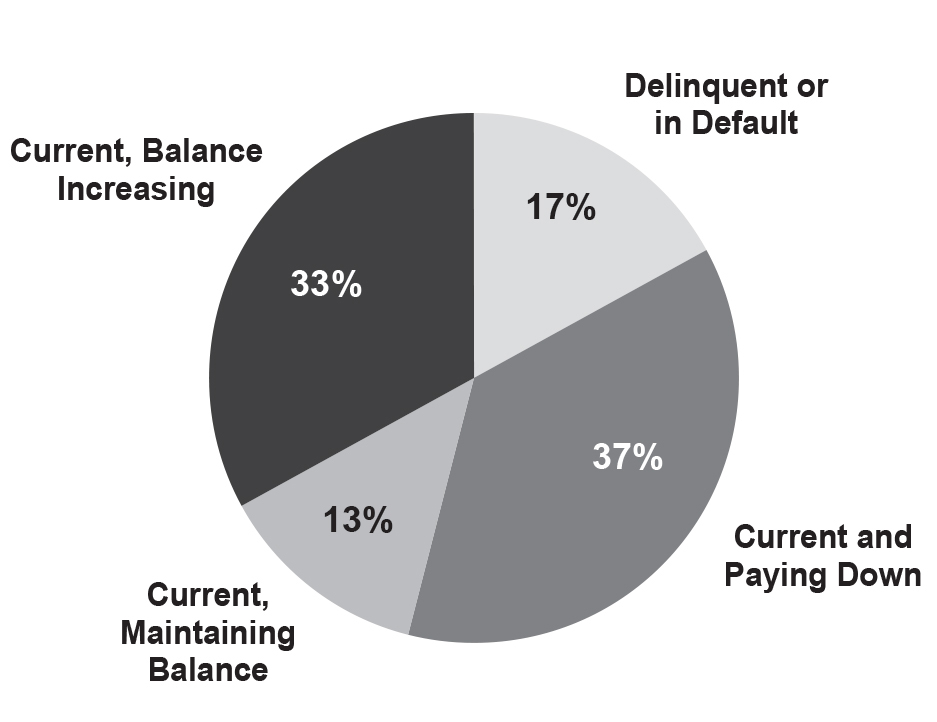 Figure 8: Pie chart of student loan repayment status in 2014. Current, balance increasing is 33%, delinquent or in default is 17%, current and paying down is 37%, current and maintaining balance is 13%