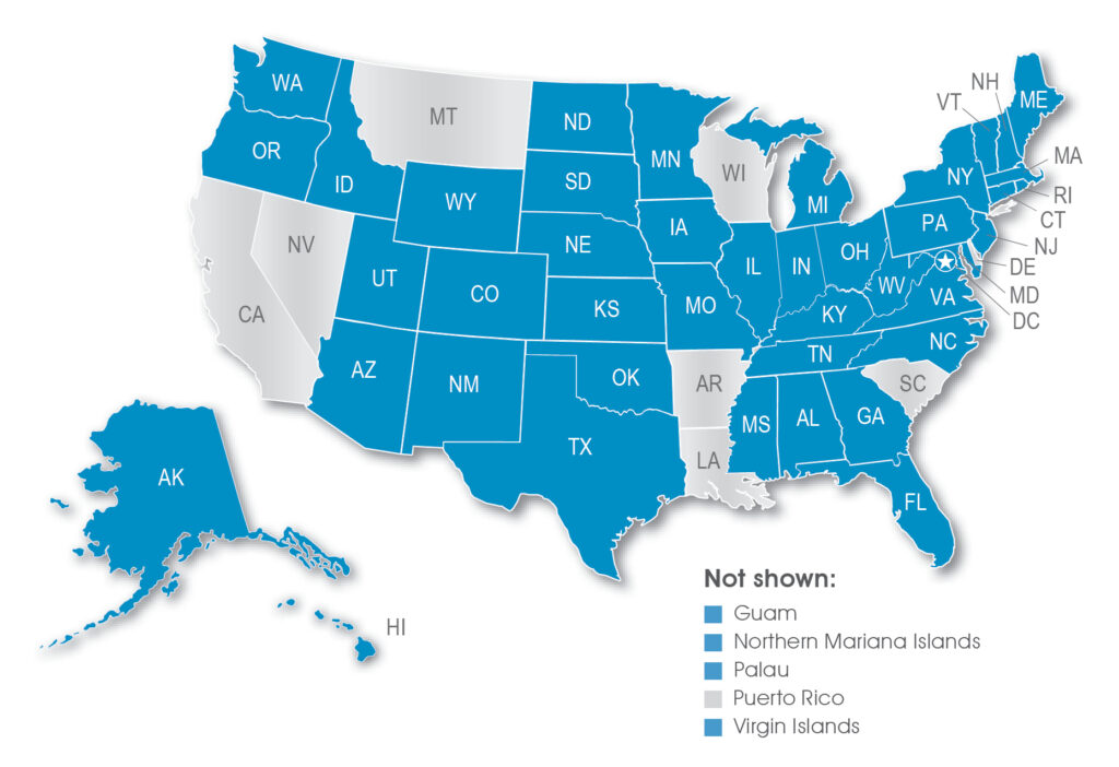 A map of the United States shows which jurisdictions adopted the NextGen UBE in 2025 and 2026, which are highlighted in blue (Maine, Hawaii, New York, Idaho, Washington DC, Ohio, Texas, Massachusetts, Virgin Islands, Delaware, Rhode Island, Palau, New Hampshire, Mississippi, Alabama, Pennsylvania, Michigan, New Jersey, and North Carolina).