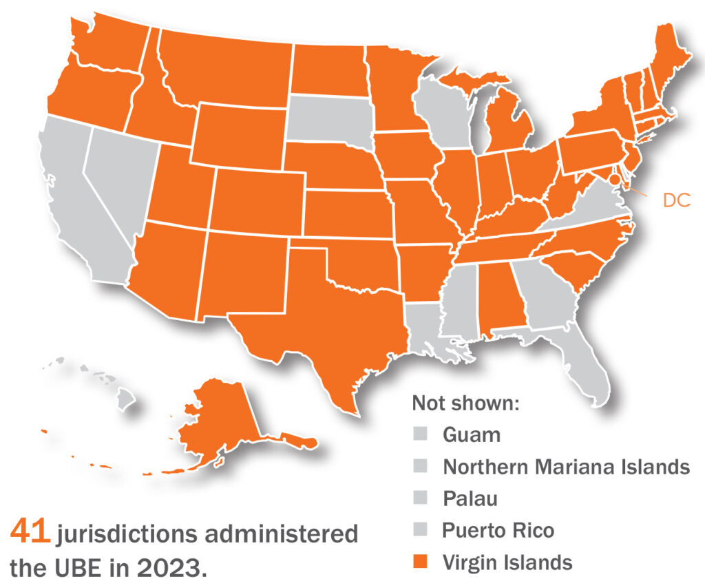 Map of the continental US plus Hawaii and Alaska with those jurisdictions that used the UBE in 2023 shaded orange. 41 jurisdictions used the UBE