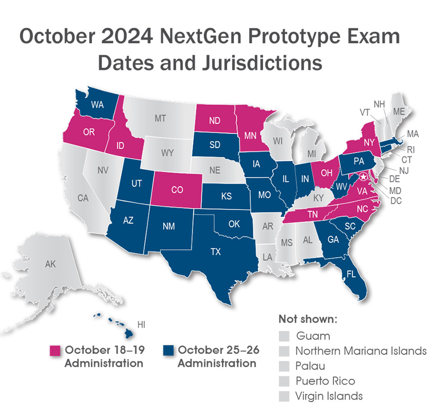 Map of the continental United States plus Hawaii and Alaska highlighting the jurisdictions that participated in one of two the October 2024 NextGen prototype exam administrations