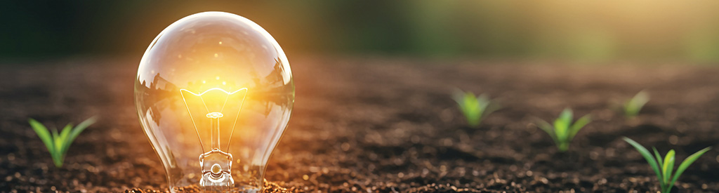 A glowing light bulb sits planted in fresh soil. In the background, a few green sprouts begin to grow.