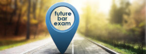 Photo of road leading into the distance, background of trees gradually blurs; blue location marker reading “future bar exam” is on road