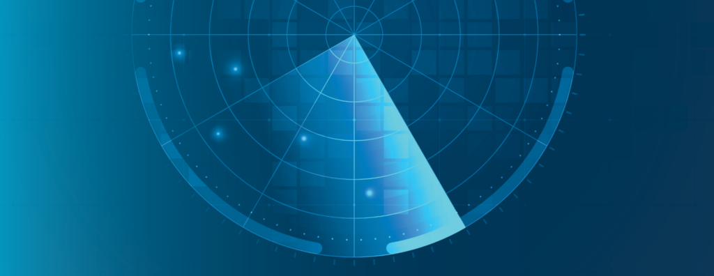 A blue digital radar sits against a background that gradients from light blue to dark blue.