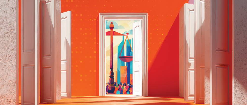  A bright orange hallway is lined with white doors on both sides. The doors are open, and light streams into the hallway. At the end of the hallway, an open door reveals an illustrated, brightly-colored city scene with skyscrapers and a crowd of people. The scales of justice stand at the foreground of this city scene.