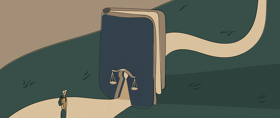 A hand-drawn, green and beige illustration shows a traveler standing in the middle of a road. In front of the traveler, a book that's approximately the size of an archway blocks the entire width of the road. A doorway in the book is shaped like a key hole, and the scales of justice hang on either side of the doorway.