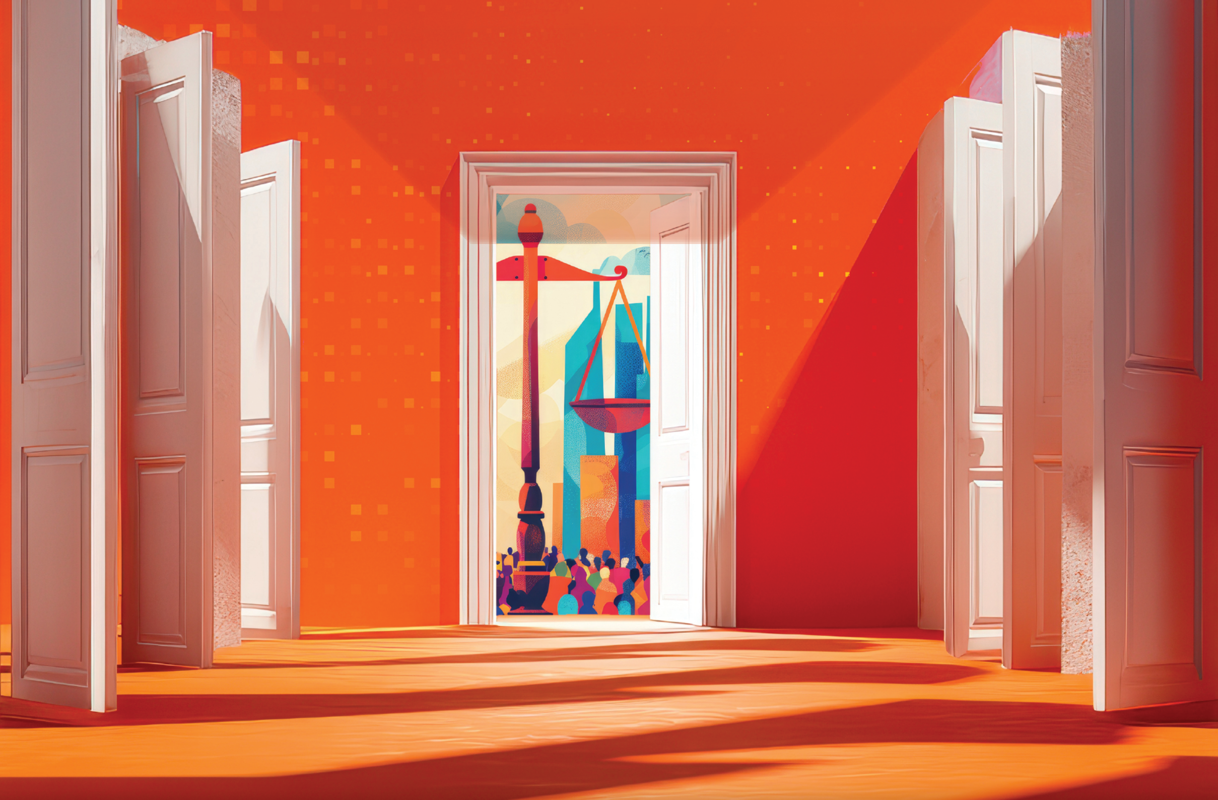A bright orange hallway is lined with white doors on both sides. The doors are open, and light streams into the hallway. At the end of the hallway, an open door reveals an illustrated, brightly-colored city scene with skyscrapers and a crowd of people. The scales of justice stand at the foreground of this city scene.
