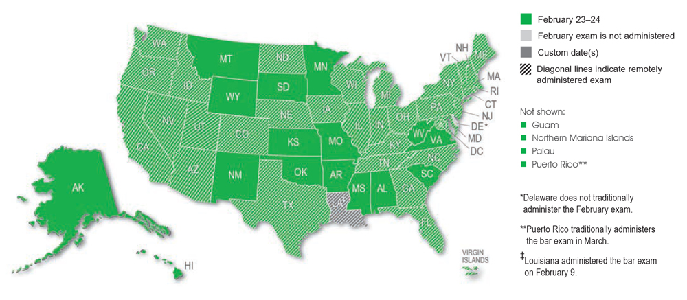 This map shows all 56 jurisdictions (including those that did not use NCBE materials for their 2021 exams) and their February 2021 bar exam status. Jurisdictions shown in green administered a bar exam on February 23 and 24, 2021; all jurisdictions are shown in green except Delaware and Louisiana. Footnotes indicate that Delaware (shown in light gray, meaning “February exam is not administered”) does not traditionally administer the February exam, while Louisiana (shown in dark gray, meaning “Custom date(s)”) administered the bar exam on February 9, 2021. Diagonal lines on the map indicate remotely administered exams; Louisiana and all states shown in green except Alabama, Alaska, Arkansas, Hawaii, Kansas, Minnesota, Missouri, Mississippi, Montana, New Mexico, Oklahoma, South Carolina, South Dakota, Virginia, West Virginia, Wyoming, Guam, Northern Mariana Islands, Palau, and Puerto Rico have diagonal lines and administered their exams remotely. A further footnote indicates that Puerto Rico traditionally administers the bar exam in March.