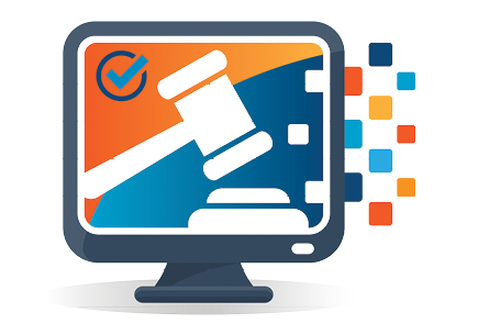 Stylized graphic of computer monitor with a white gavel and block on a split orange and blue background 