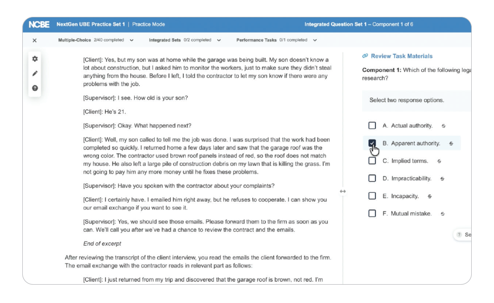 A screenshot of NextGen UBE Practice Set 1. On the left, there's a transcript excerpt between a client and supervisor. On the right, there's a multiple-choice question. A cursor hovers over one of the response options.