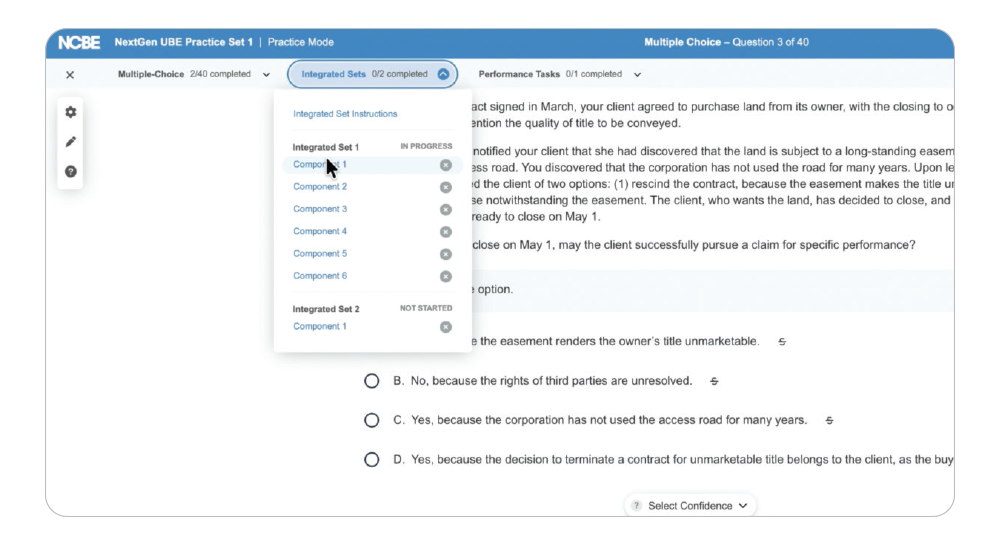 A screenshot of NextGen UBE Practice Set 1. A dropdown menu lists hyperlinked components under Integrated Set 1 (labeled as "in progress") and Integrated Set 2 (labeled as "not started"). A cursor hovers over Component 1 of Integrated Set 1. Behind the dropdown menu, the web page displays a multiple-choice question.