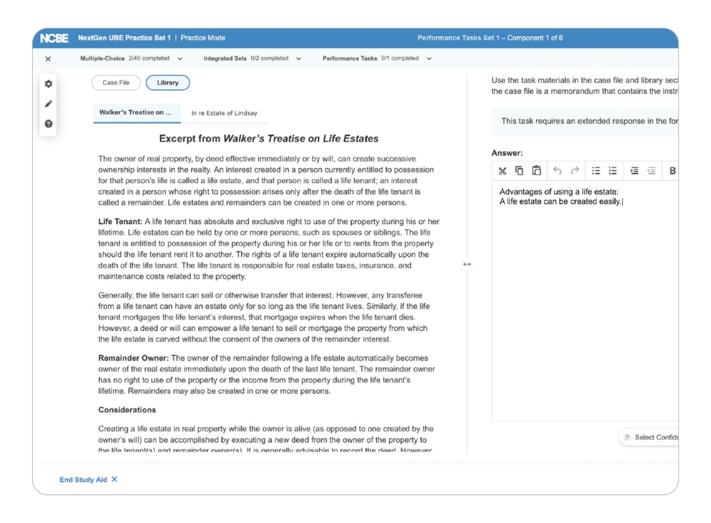 A screenshot of NextGen UBE Practice Set 1. The left-hand side displays an excerpt from Walker's Treatise on Life Estates. Two tabs allow the examinee to toggle between the treatise and another case file. On the right-hand side, a text entry field contains the examinee's answer to a performance task.