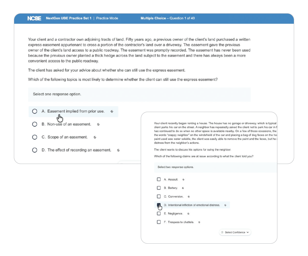 A screenshot of NextGen UBE Practice Set 1. The text describes a case scenario then asks the examinee to select one response option for a multiple-choice question. In the bottom-right corner, a different multiple-choice question asks the examinee to select two response options.
