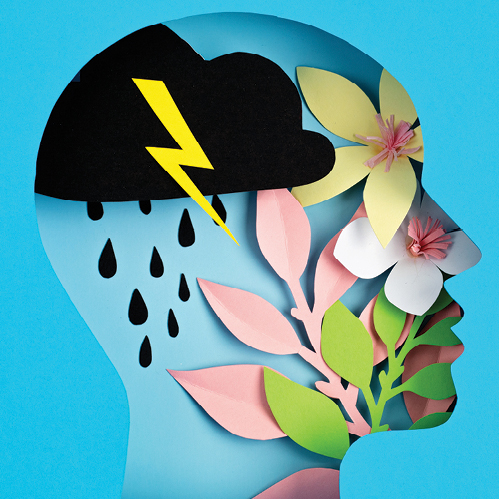 silhouette of head icon in profile. inside the icon are various shapes cut out of paper: black storm cloud with rain and yellow lightning. Yellow and white flowers on pink and green leafy stems, respectively