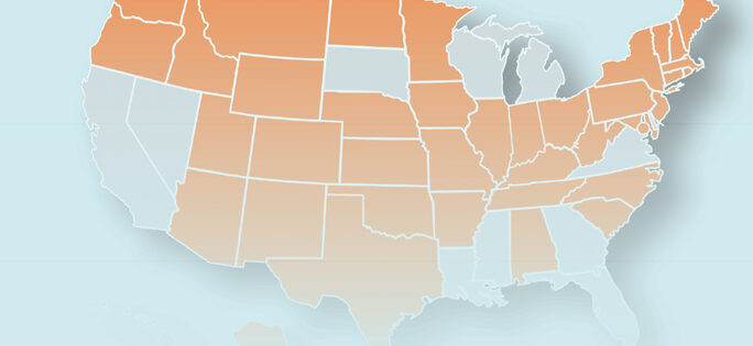 decorative image of a map of the US with states that are UBE jurisdictions colored orange. It is not a complete map and not meant to be used for referencing purposes